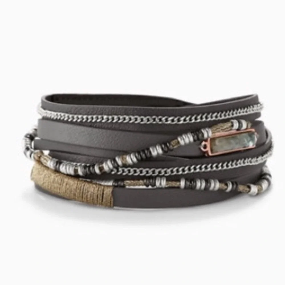 Stella &‎ Dots Yves Grey leather wrap Bracelet in original box